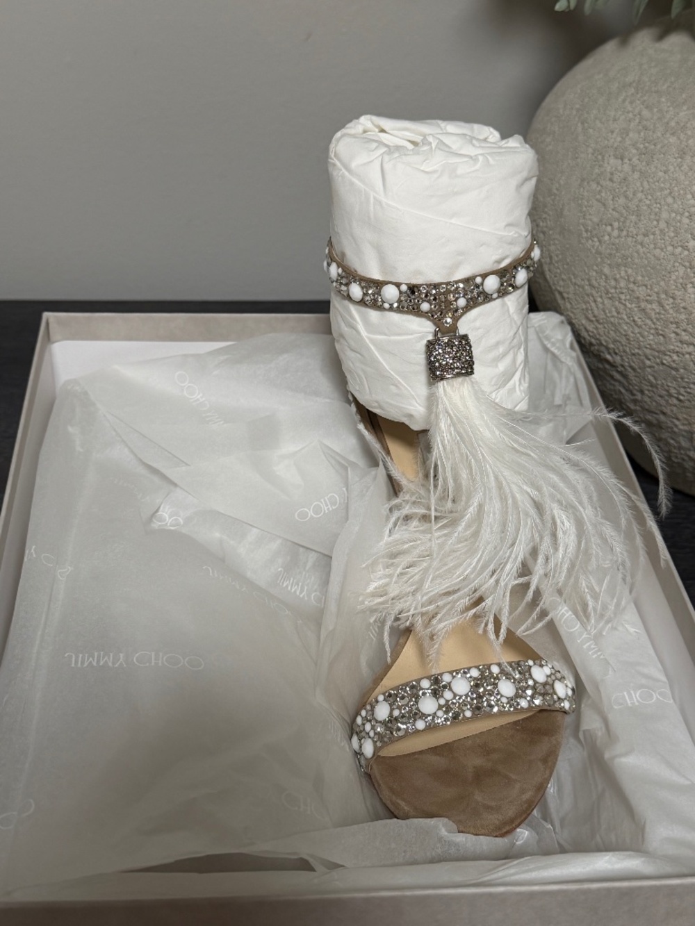 Jimmy Choo Viola 100 Crystal Feather Sandals White Size 38